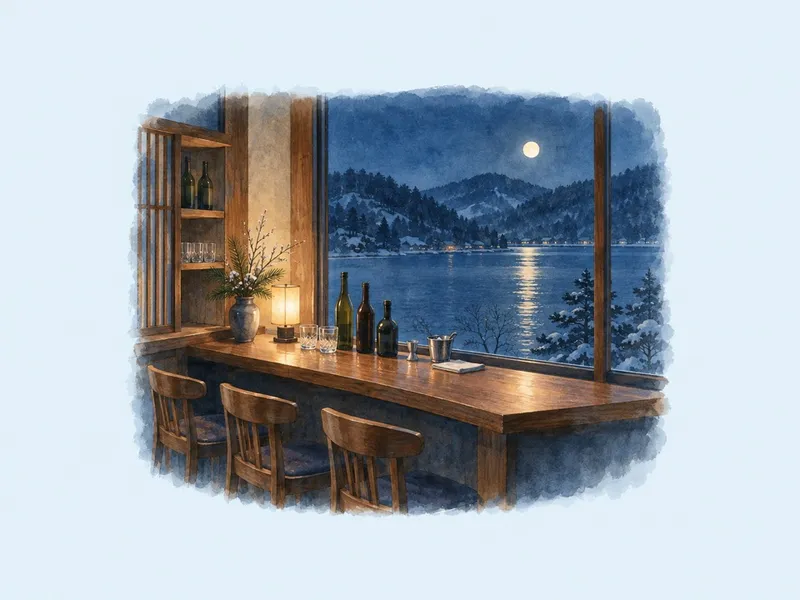 湖の夜景が見える窓辺のバーカウンターのイラスト