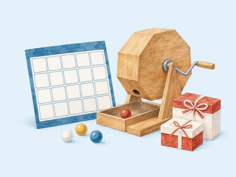 ビンゴカードと福引きの抽選器、紅白の景品のイラスト