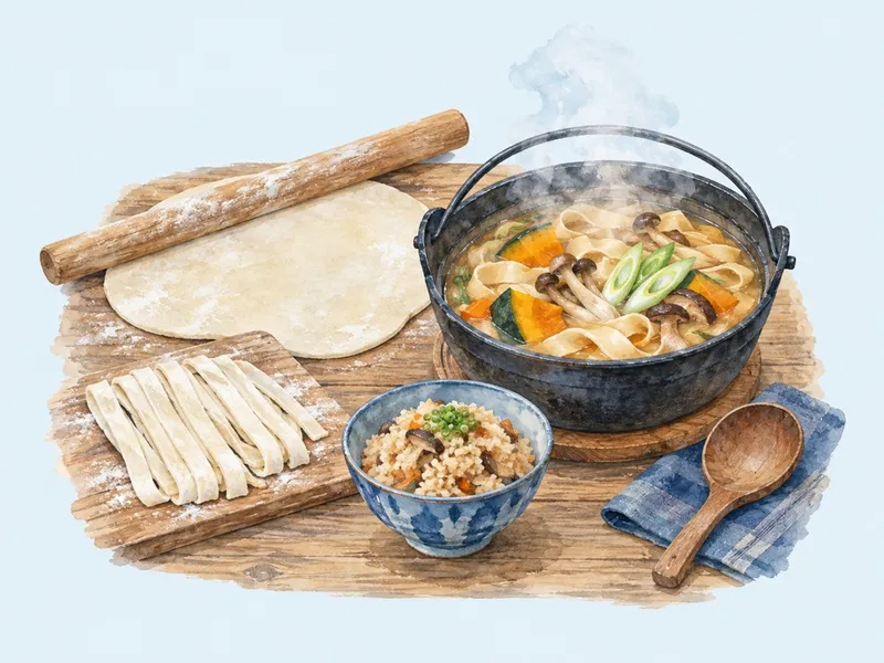 ほうとうの生地と麺棒、湯気の立つほうとうの鍋と炊き込みご飯のイラスト