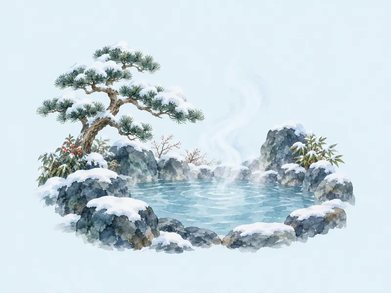 雪の松と湯気の立つ露天風呂のイラスト
