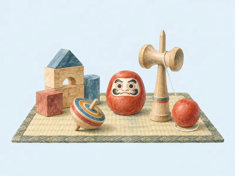 畳の上の積み木・こま・けん玉・だるまのイラスト