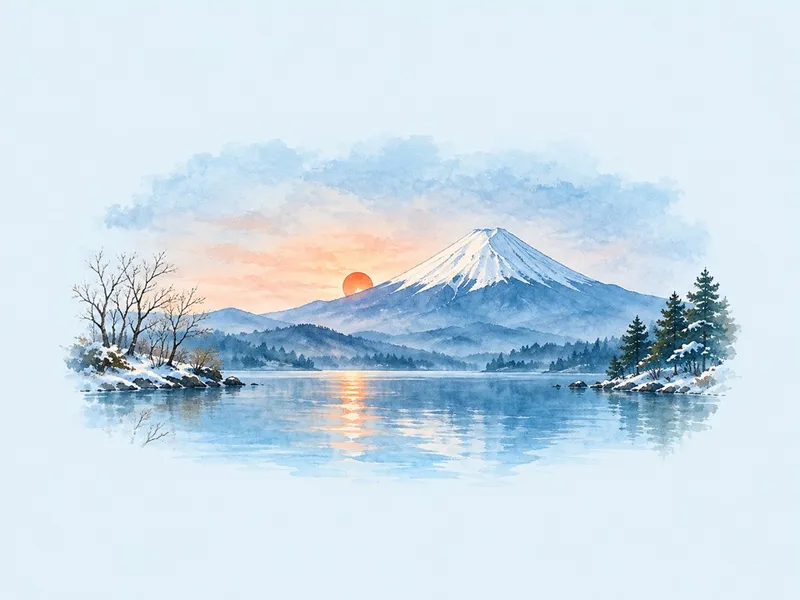 湖の向こうの富士山と初日の出のイラスト