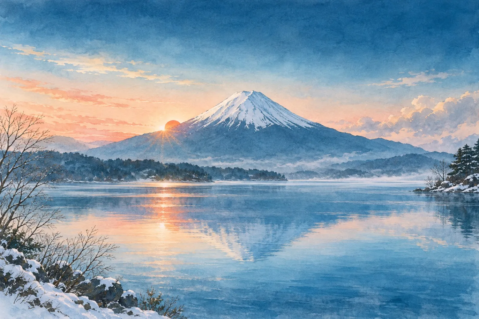 雪の富士山から昇る初日の出と西湖（イラスト）