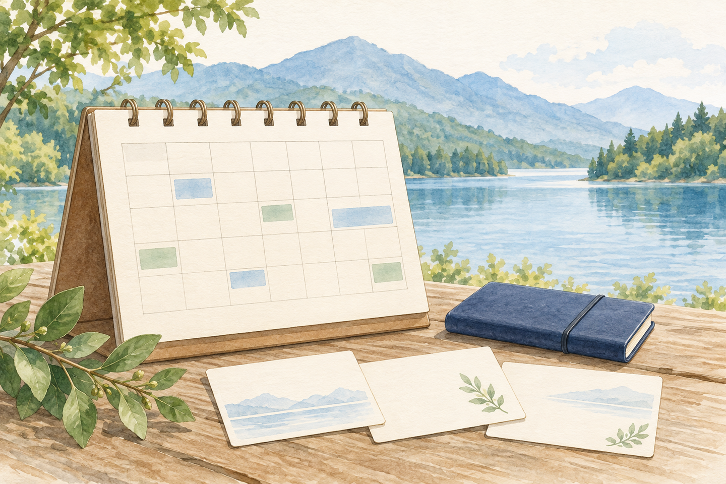 湖畔を背景に、予定表と閉じたノート、準備用のカードを描いた水彩イラスト