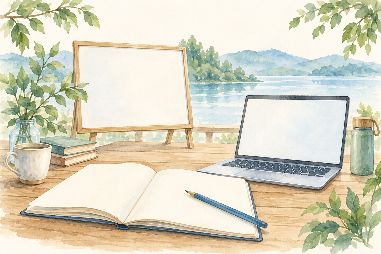 開いたノートと青い鉛筆、パソコン、ホワイトボードを湖畔の風景とともに描いた水彩イラスト